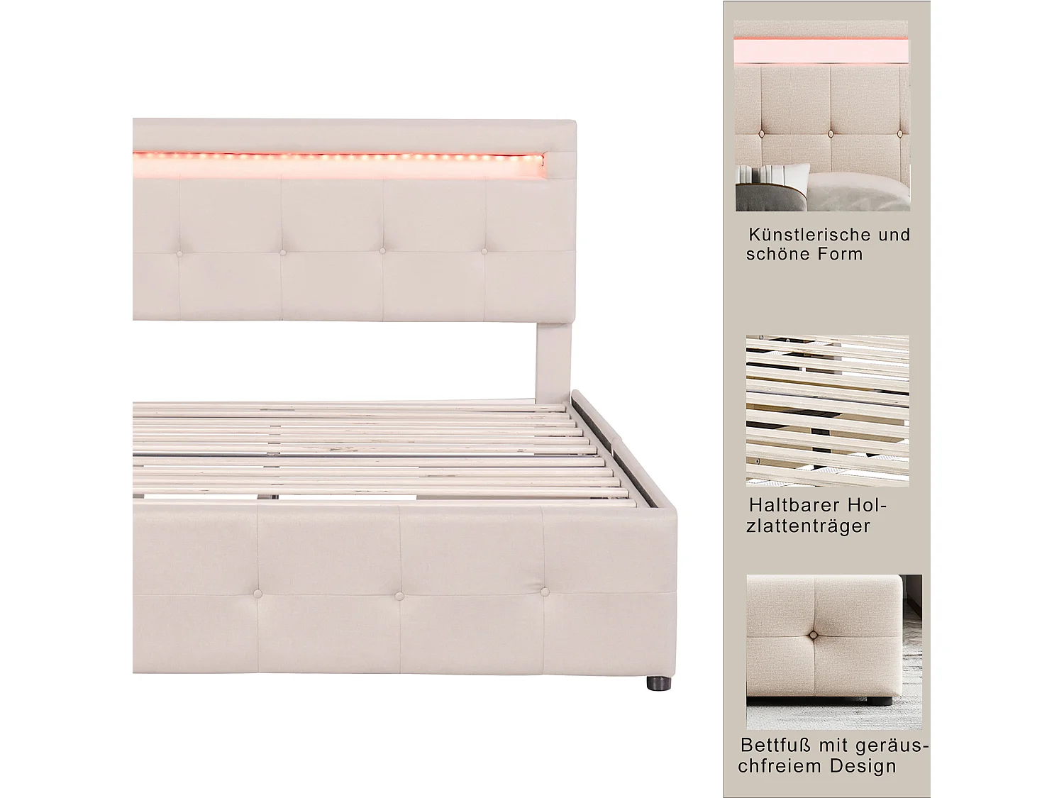 Cama de 140x200cm con LED, somier de láminas, 4 cajones con ruedas, tela de lino beige, cabecero tapizado (210x149x106cm)