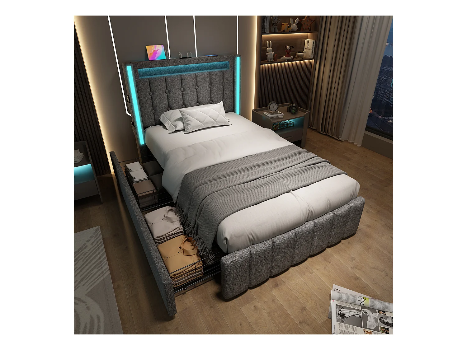 Gestoffeerd bed met USB Type-C-oplader, ledverlichting en 2 opberglades, eenpersoonsbed 90x200cm, grijs linnen frame (209x99x104cm)