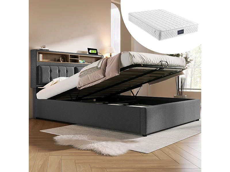 Tweepersoonsbed met verstelbaar hoofdeinde, USB-C-aansluiting, opbergruimte, grijs linnen (163x204x92 cm)