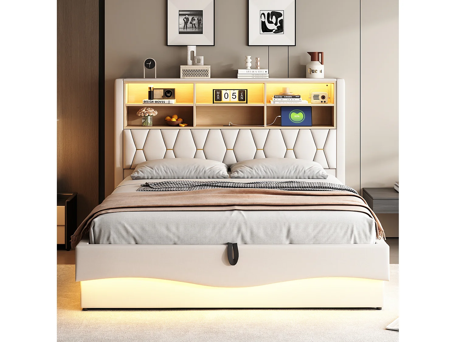 Hydraulisch opbergbed 180x200 cm, met app-gestuurde led's, zwevend frame, linnen stof, beige (221x183x131 cm)