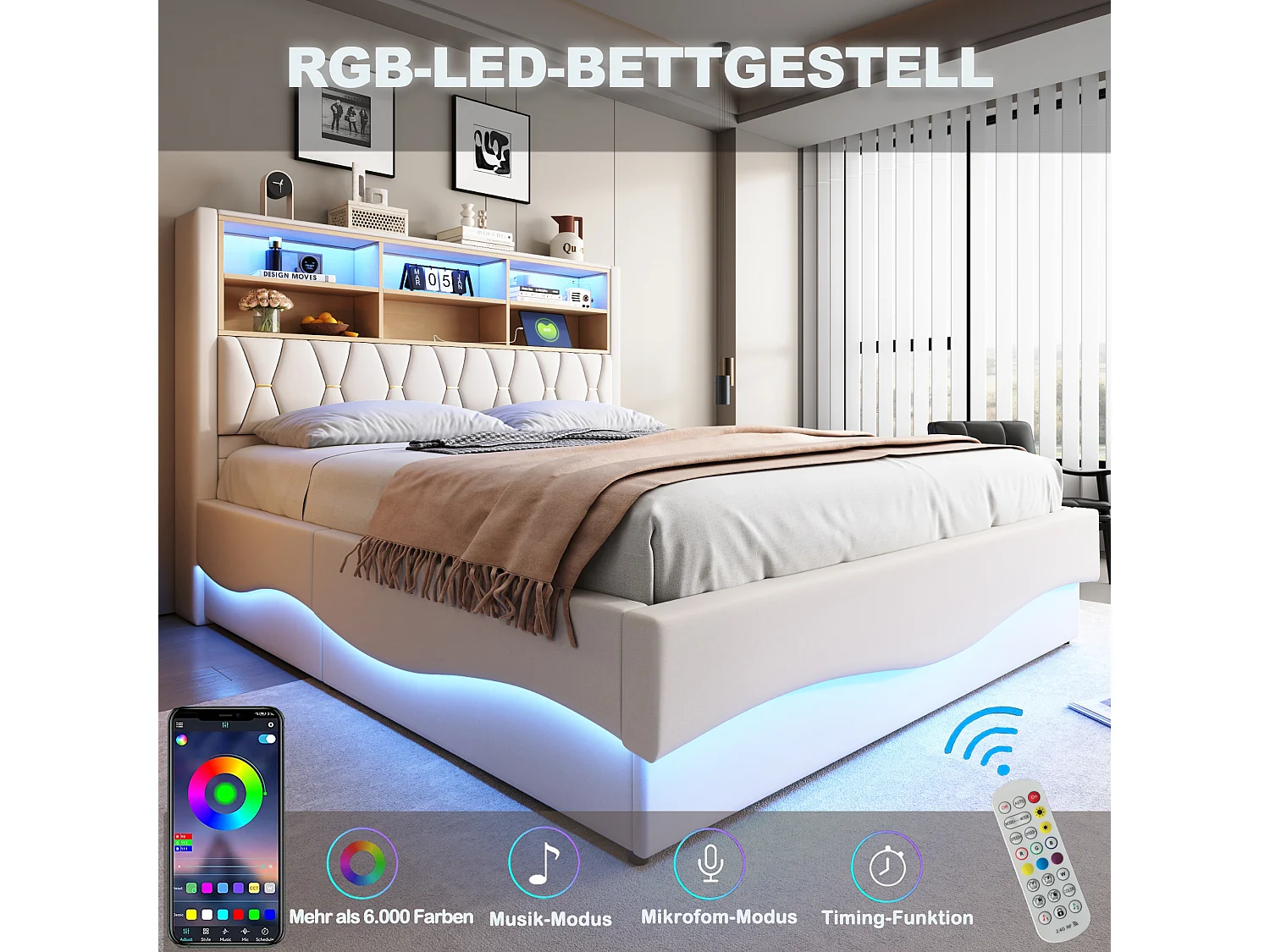 Hydraulisch opbergbed 180x200 cm, met app-gestuurde led's, zwevend frame, linnen stof, beige (221x183x131 cm)