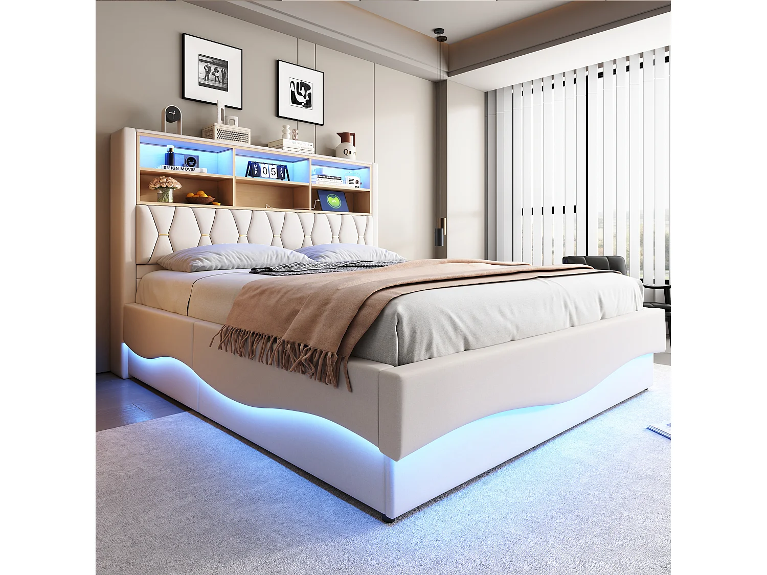 Hydraulisch opbergbed 180x200 cm, met app-gestuurde led's, zwevend frame, linnen stof, beige (221x183x131 cm)