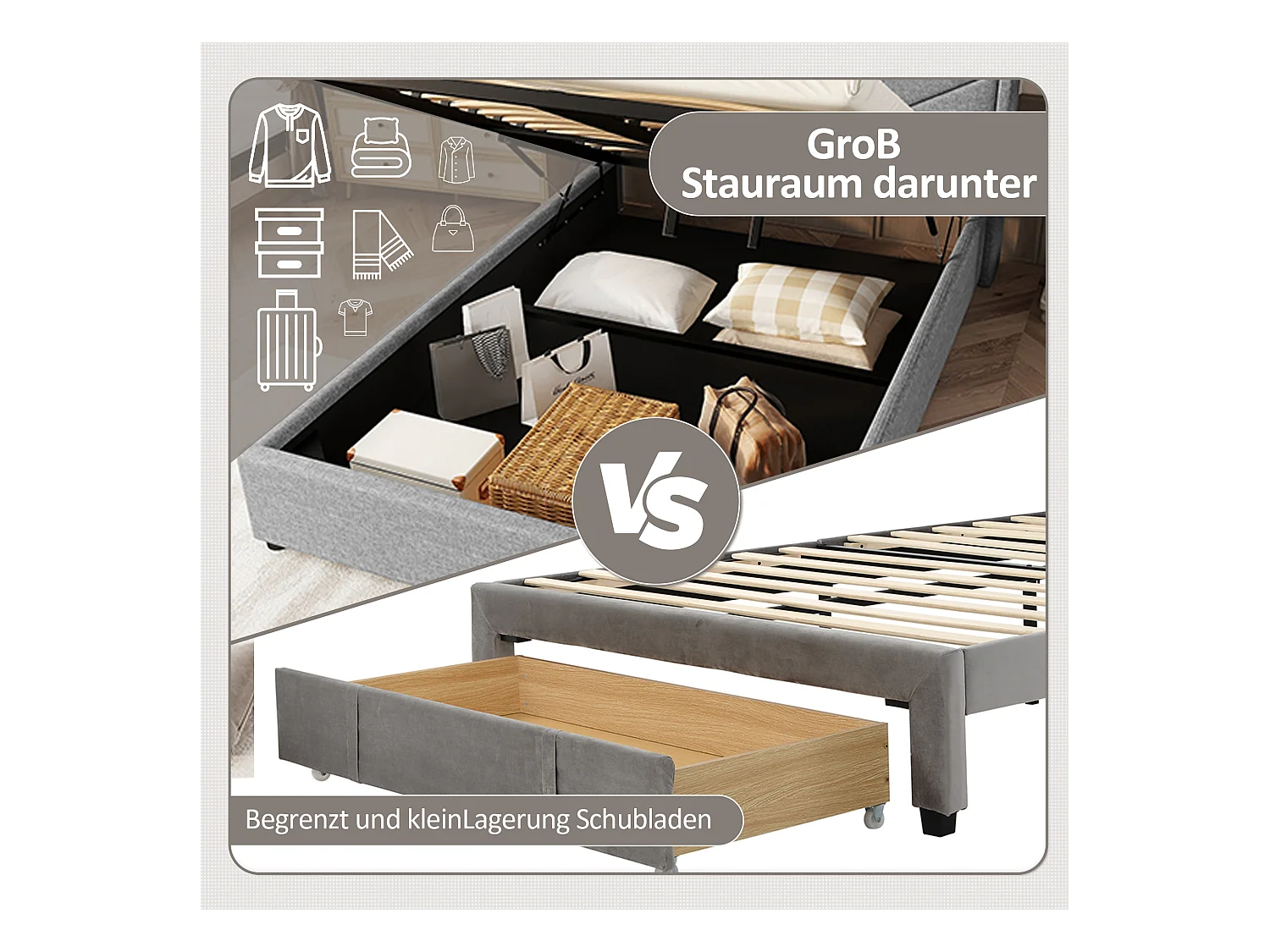 Letto con illuminazione a LED, 140x190 cm, con 4 cassetti, altoparlanti e USB, tessuto di lino, Grigio (205x150,5x112,5 cm)