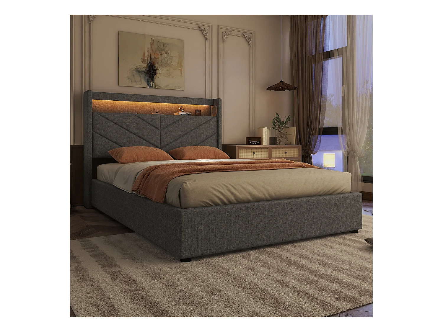 Letto con illuminazione a LED, 140x190 cm, con 4 cassetti, altoparlanti e USB, tessuto di lino, Grigio (205x150,5x112,5 cm)