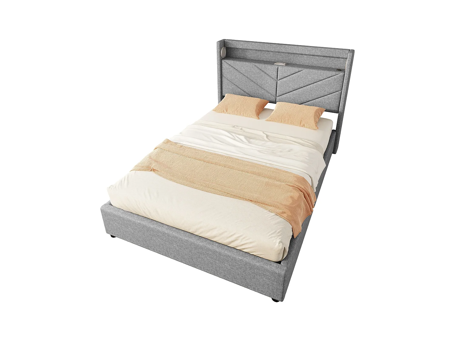 Letto con illuminazione a LED, 140x190 cm, con 4 cassetti, altoparlanti e USB, tessuto di lino, Grigio (205x150,5x112,5 cm)