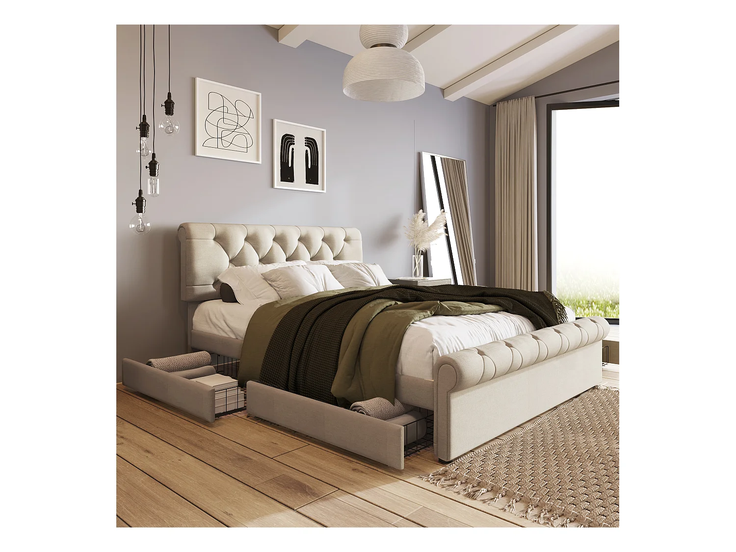 Letto matrimoniale con 4 cassetti contenitore, testiera regolabile, stile Chesterfield, legno e metallo, 140x200 cm, naturale (dimensioni: 225x148x110 cm)