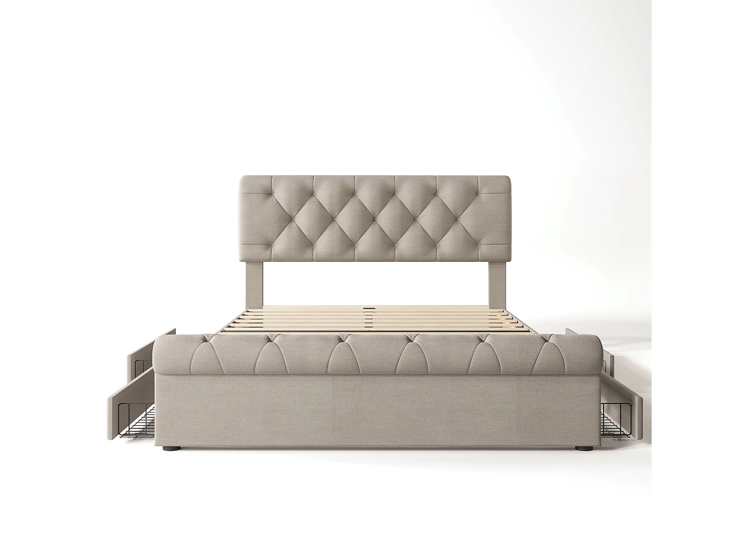 Lit double avec 4 tiroirs de rangement, tête de lit réglable, style Chesterfield, en bois et métal, 140x200 cm, naturel (dimensions : 225x148x110 cm)