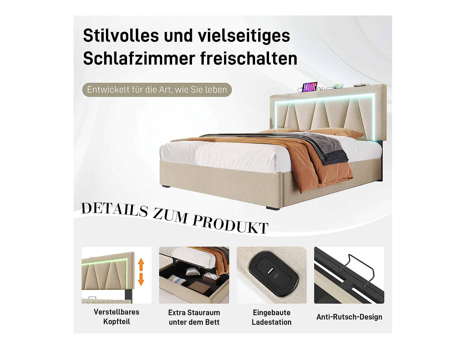 LED tweepersoonsbed met USB Type-C-oplader, opbergruimte, grijs linnen, frame met lattenbodem (166,5x208x110,5cm)