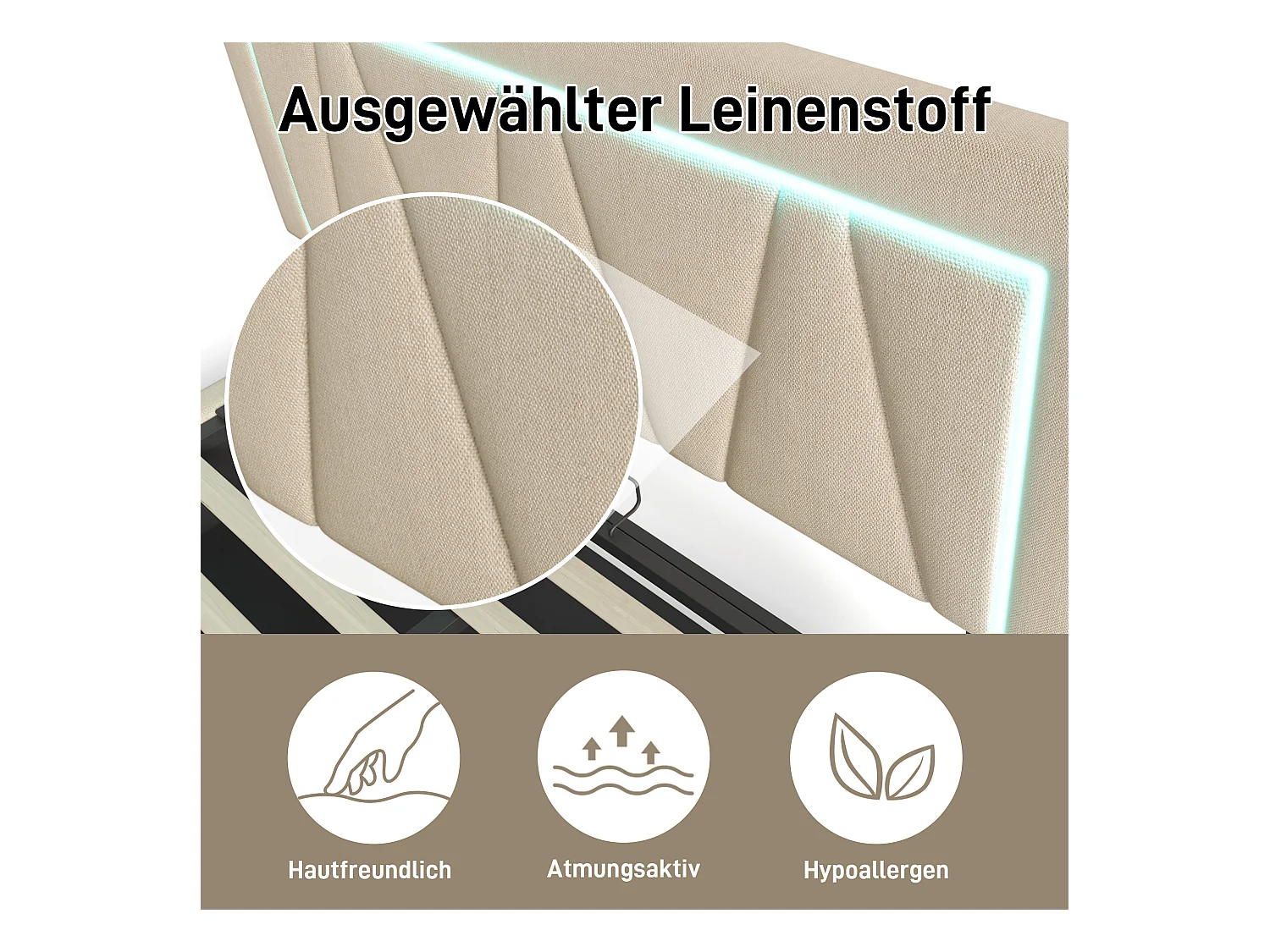 LED tweepersoonsbed met USB Type-C-oplader, opbergruimte, grijs linnen, frame met lattenbodem (166,5x208x110,5cm)