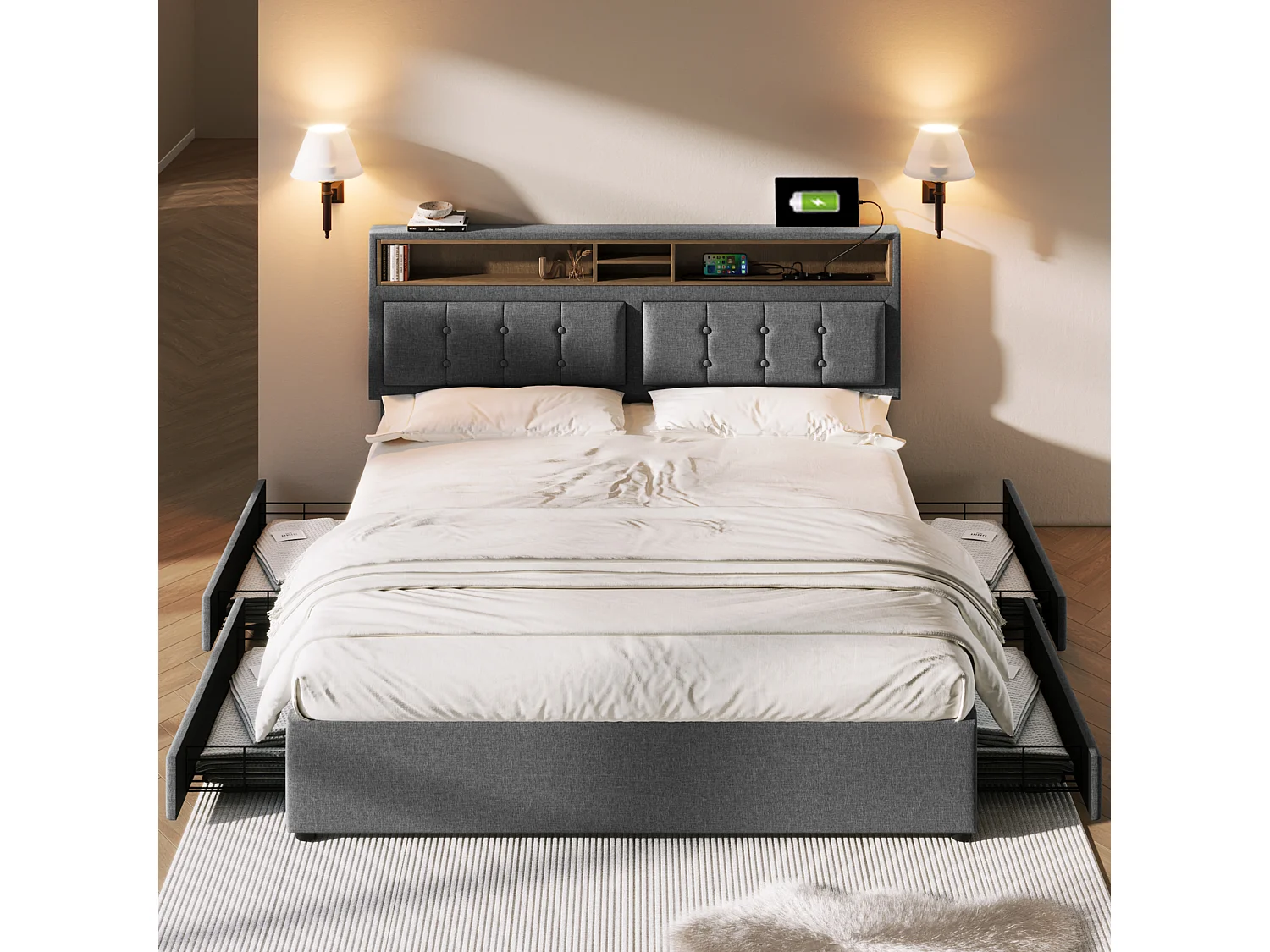 Cama doble con 4 cajones y toma USB-C, base de madera, lino gris (163x204x92-104cm)