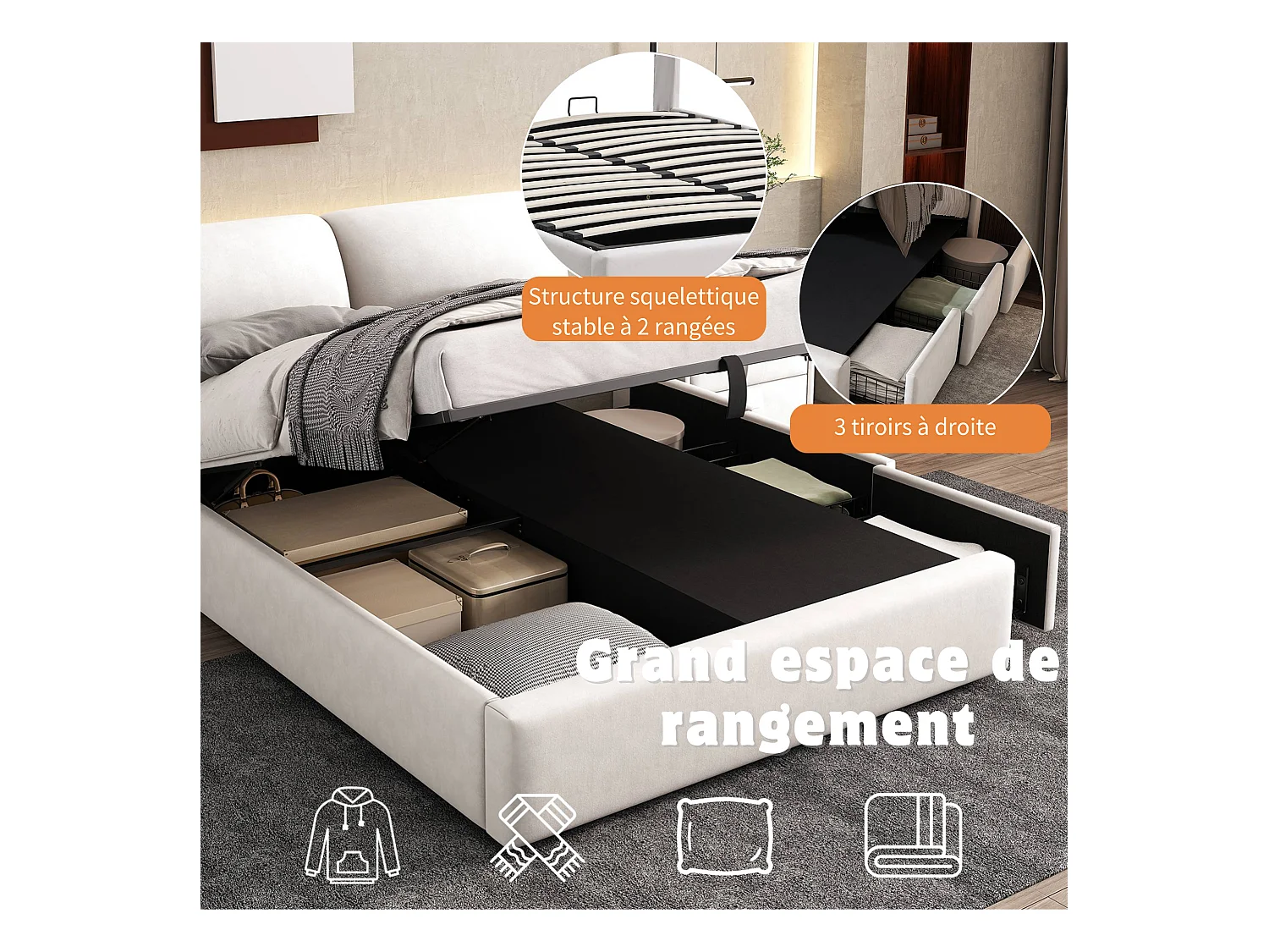 Lit tapissé avec sommier hydraulique, trois tiroirs et coffre de rangement, velours beige (140x190 cm)