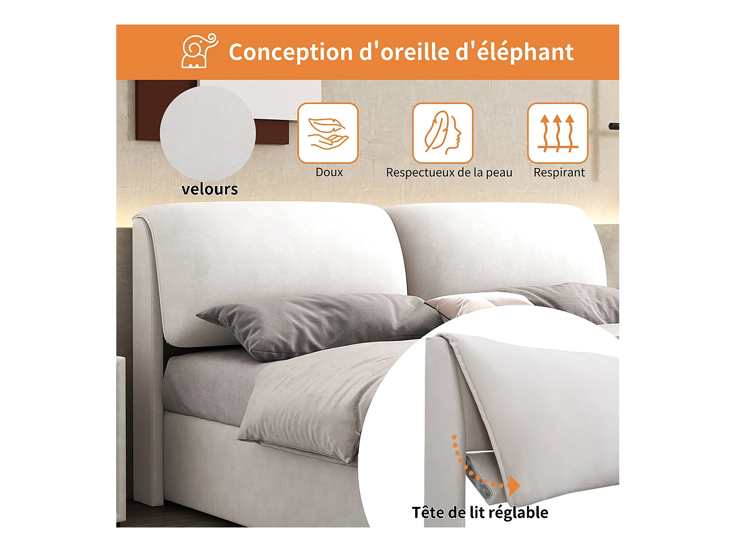 Lit tapissé avec sommier hydraulique, trois tiroirs et coffre de rangement, velours beige (140x190 cm)