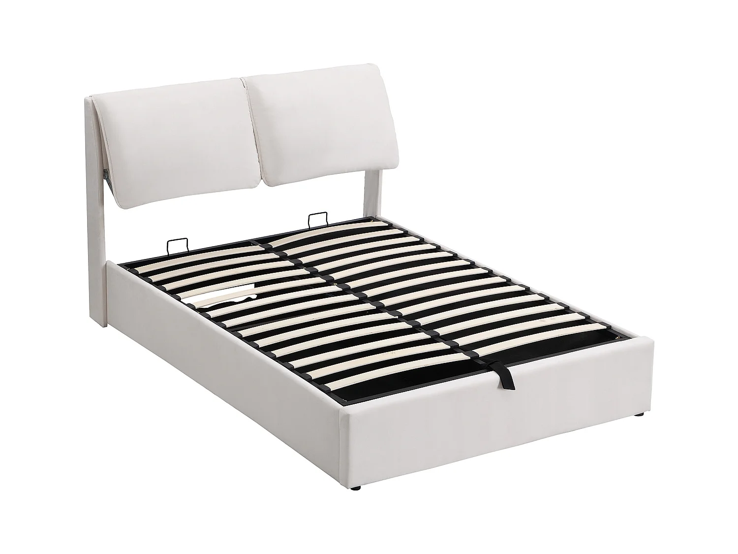 Lit tapissé avec sommier hydraulique, trois tiroirs et coffre de rangement, velours beige (140x190 cm)