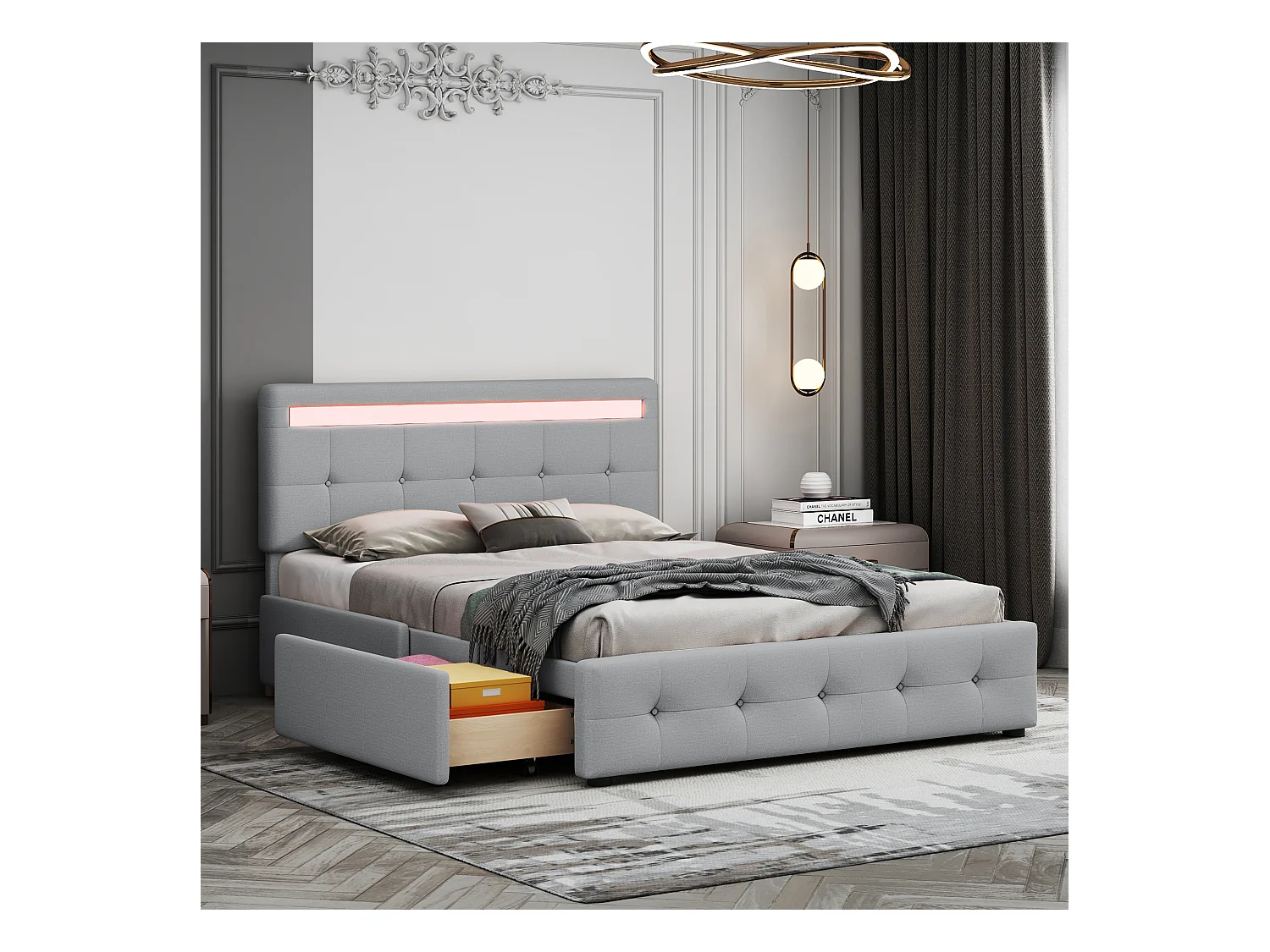 Lit tapissier avec LED, 4 tiroirs sur roulettes, lin beige, avec sommier, 140x200x106 cm