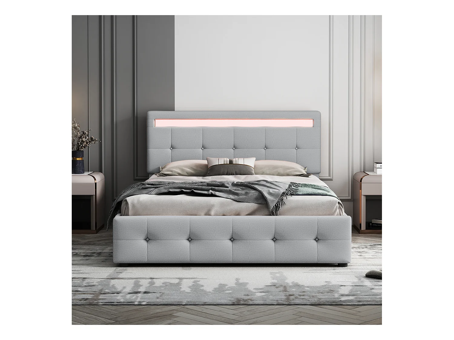 Lit tapissier avec LED, 4 tiroirs sur roulettes, lin beige, avec sommier, 140x200x106 cm