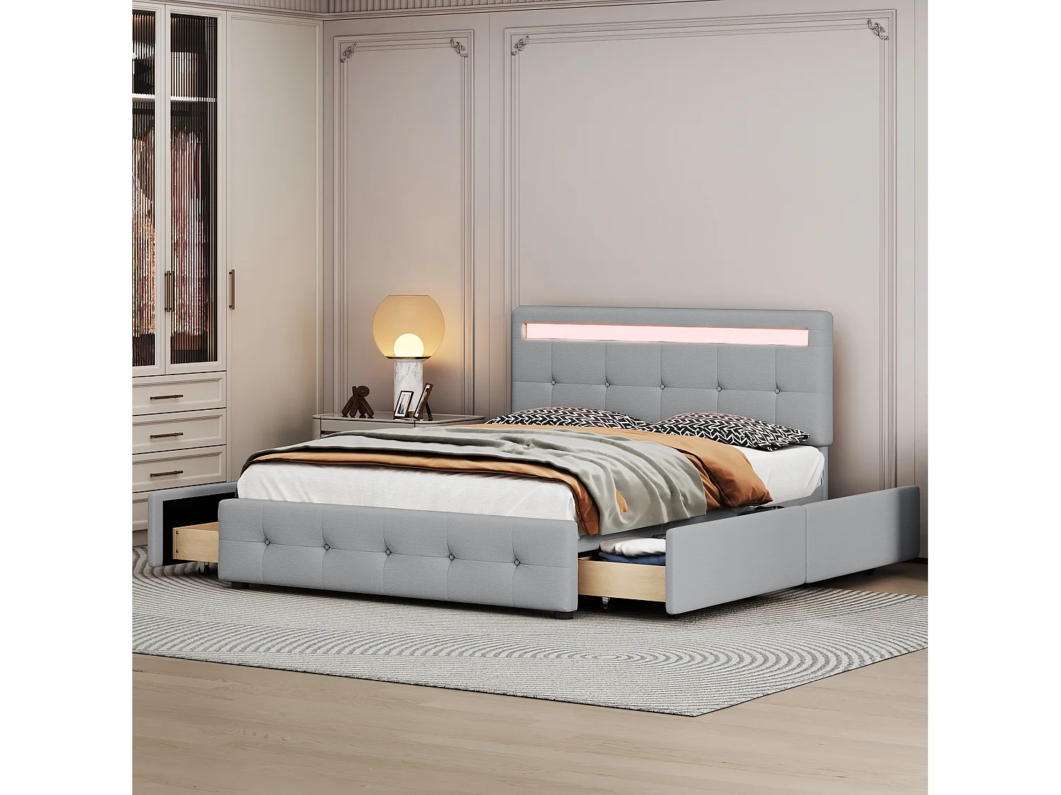 Lit tapissier avec LED, 4 tiroirs sur roulettes, lin beige, avec sommier, 140x200x106 cm