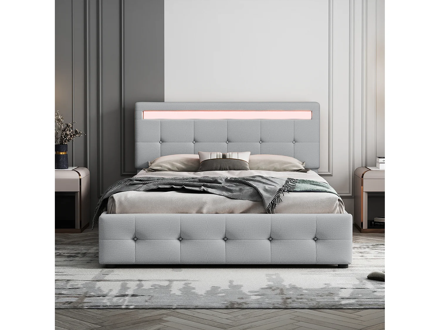 Lit tapissier avec LED, 4 tiroirs sur roulettes, lin beige, avec sommier, 140x200x106 cm