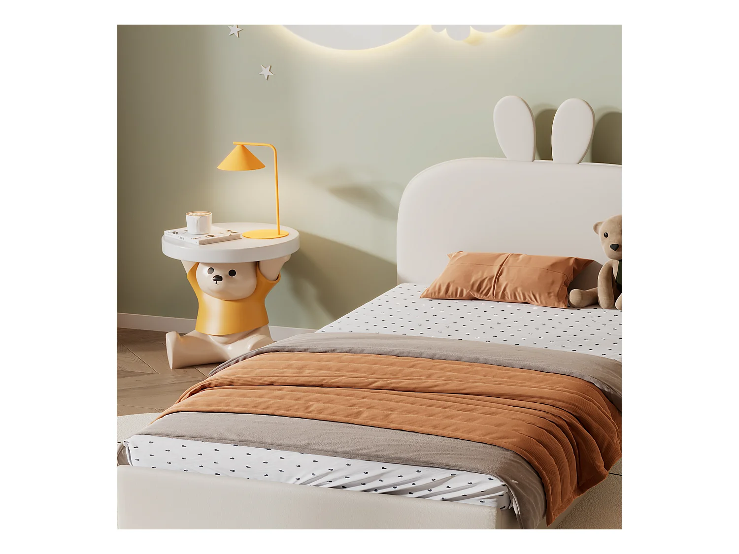 Lit avec tête de lit en forme de lapin, lit simple, velours beige, 90x200 cm (208x96x91 cm)