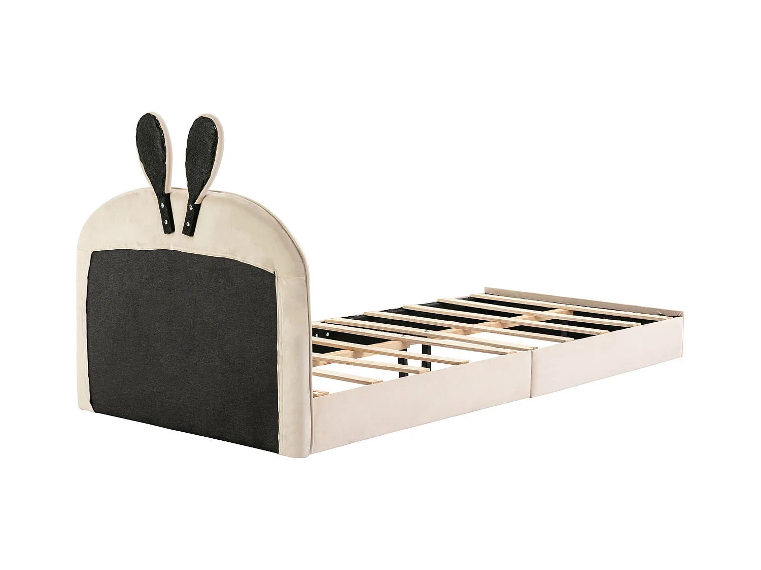 Lit avec tête de lit en forme de lapin, lit simple, velours beige, 90x200 cm (208x96x91 cm)