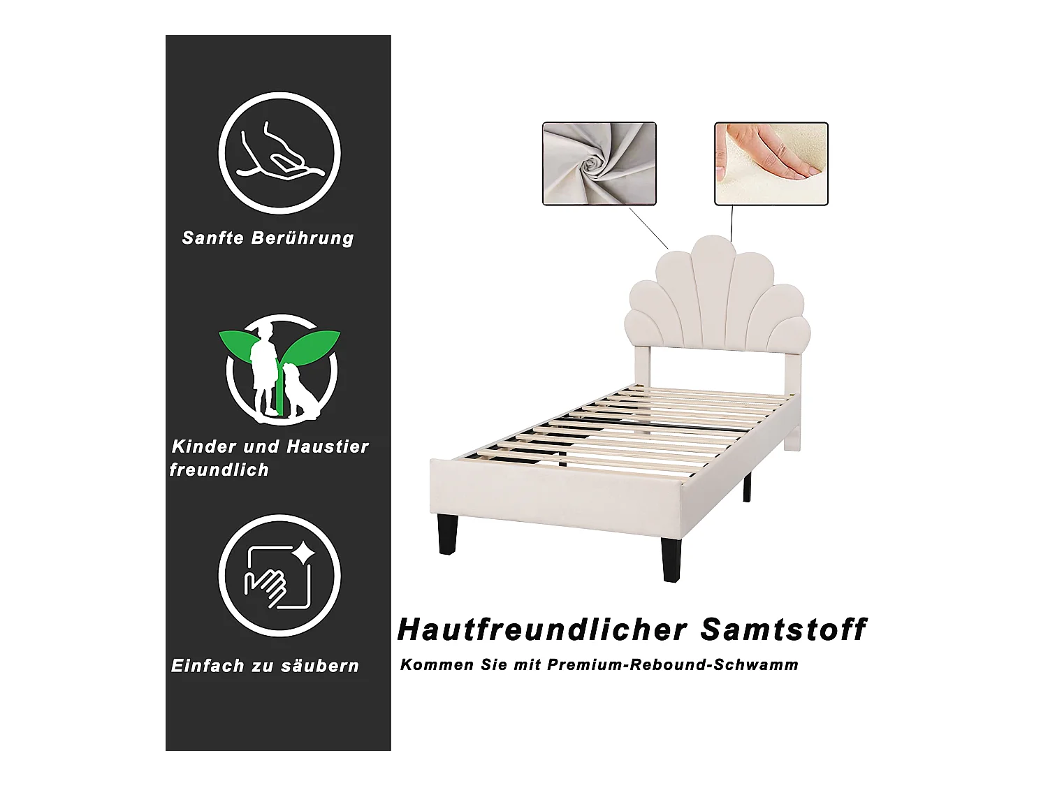 Letto per bambini 90x200cm, struttura con testiera floreale, rete a doghe, velluto beige (206x100x110,5cm)