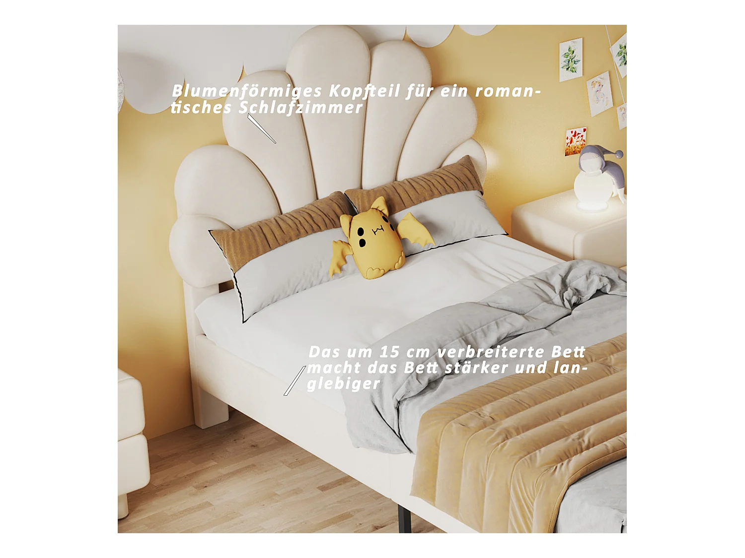 Letto per bambini 90x200cm, struttura con testiera floreale, rete a doghe, velluto beige (206x100x110,5cm)