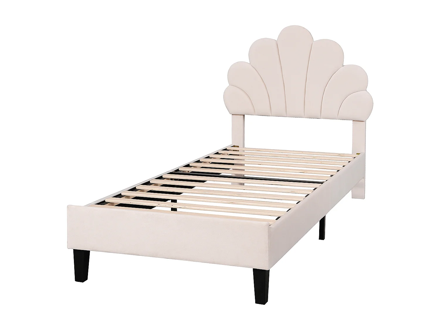 Lit enfant 90x200cm, cadre avec tête de lit fleurie, sommier à lattes, velours beige (206x100x110.5cm)