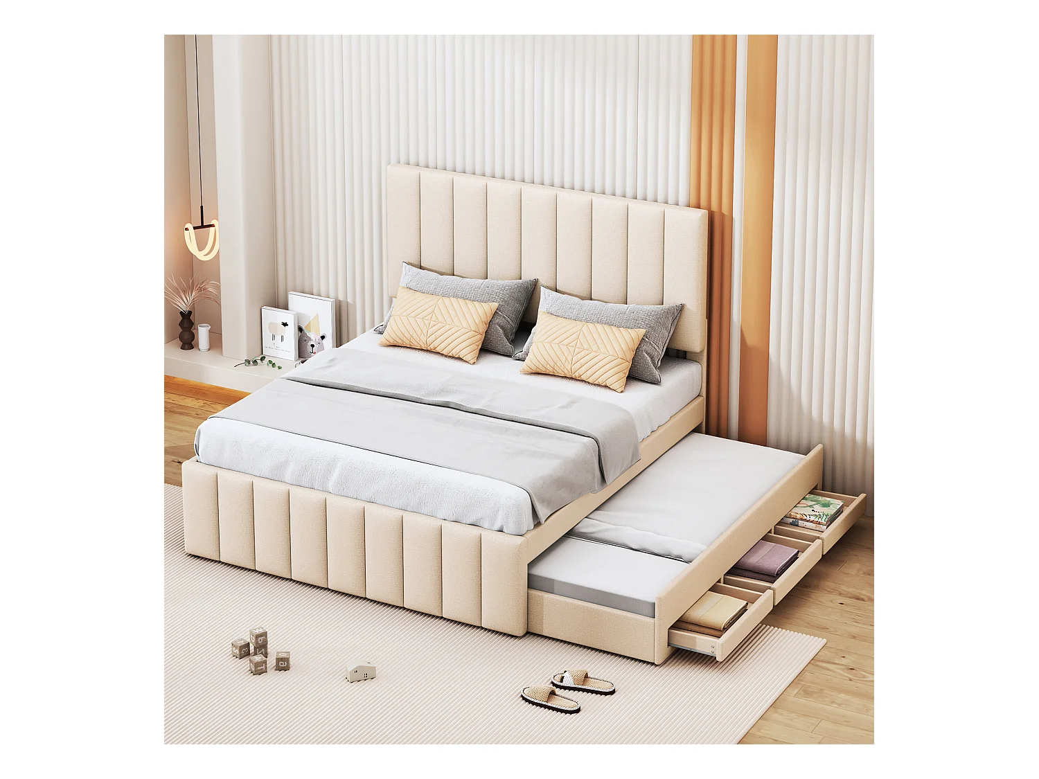 Lit enfant gigogne avec tiroirs intégrés, tête réglable, rembourrage lin beige, lit simple multifonction (204x140x118 cm)