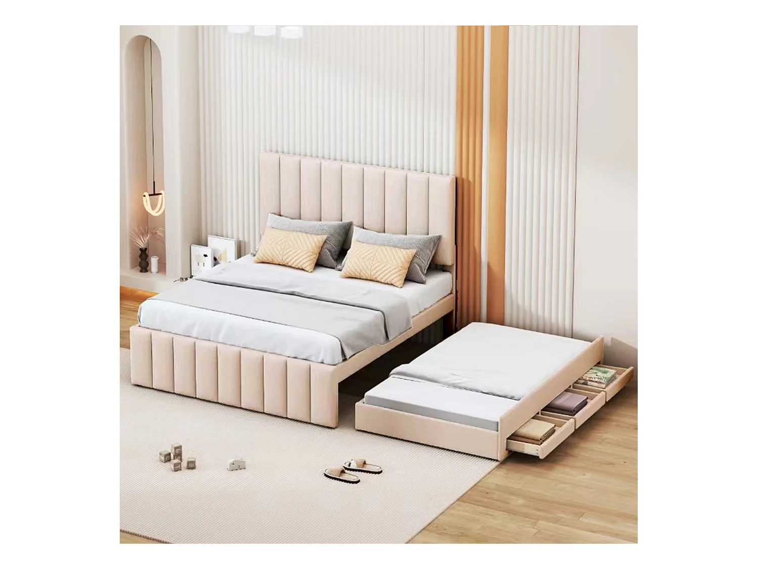 Lit enfant gigogne avec tiroirs intégrés, tête réglable, rembourrage lin beige, lit simple multifonction (204x140x118 cm)