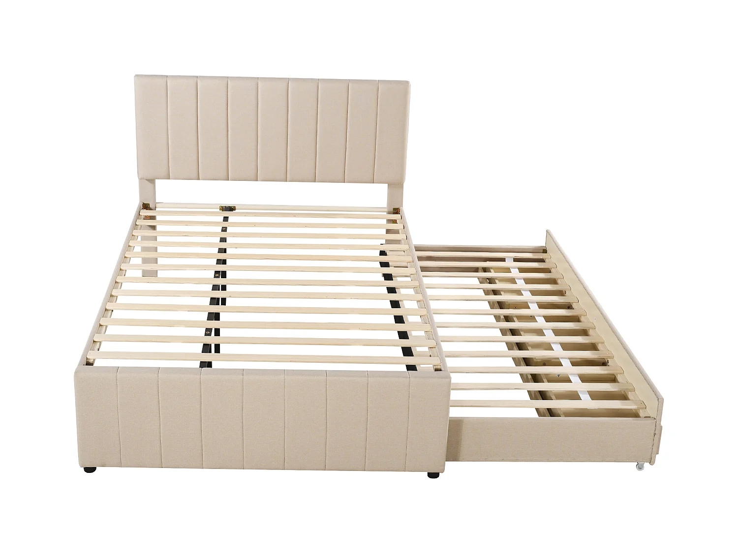 Lit enfant gigogne avec tiroirs intégrés, tête réglable, rembourrage lin beige, lit simple multifonction (204x140x118 cm)