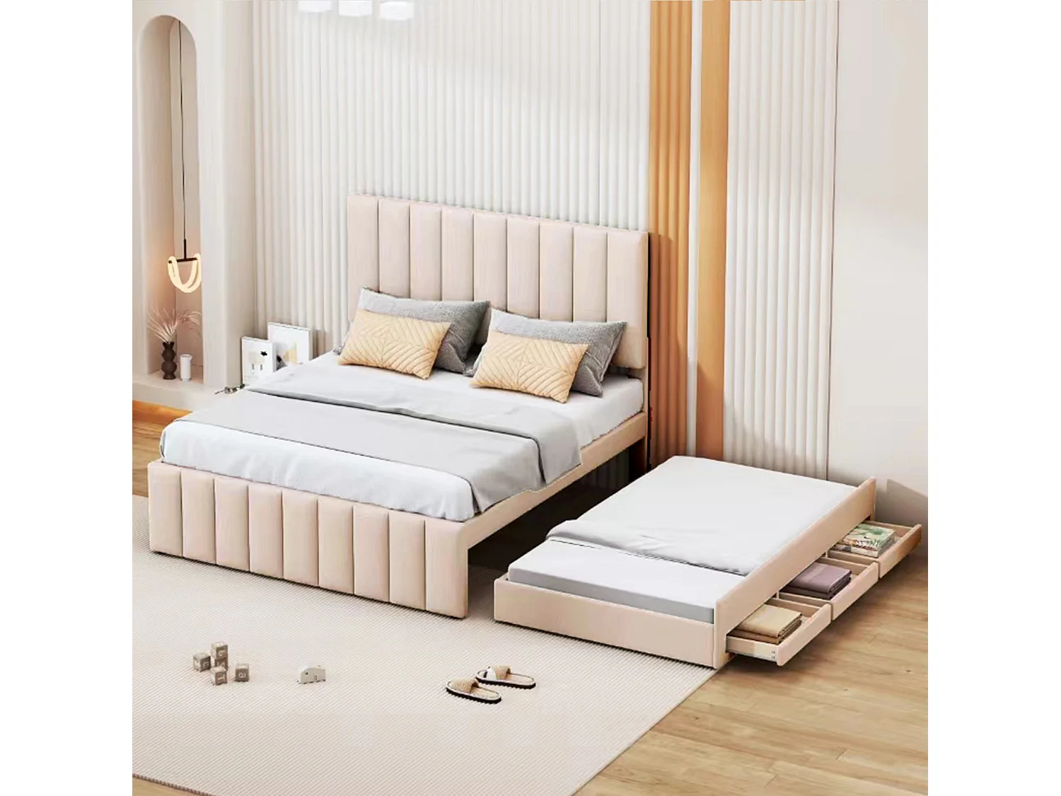 Lit enfant gigogne avec tiroirs intégrés, tête réglable, rembourrage lin beige, lit simple multifonction (204x140x118 cm)