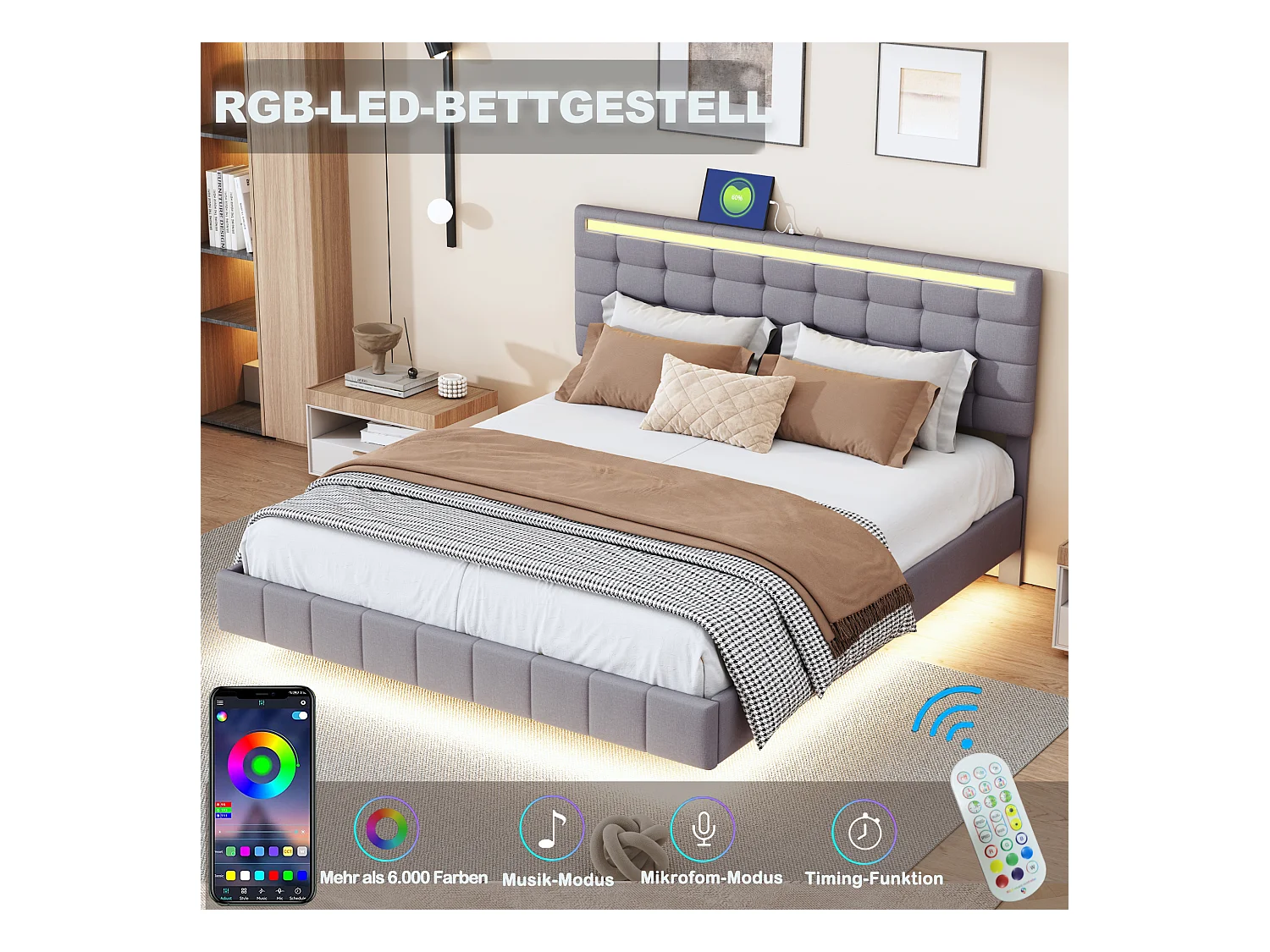 Letto matrimoniale sospeso con LED e testiera imbottita, lino, grigio (216x172x105cm)