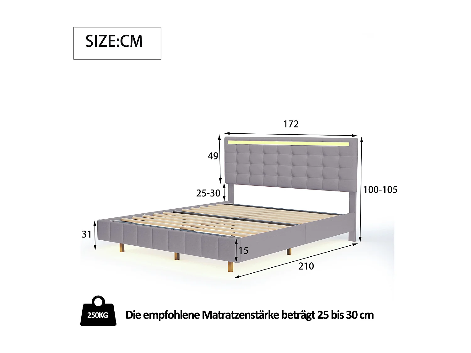 Letto matrimoniale sospeso con LED e testiera imbottita, lino, grigio (216x172x105cm)