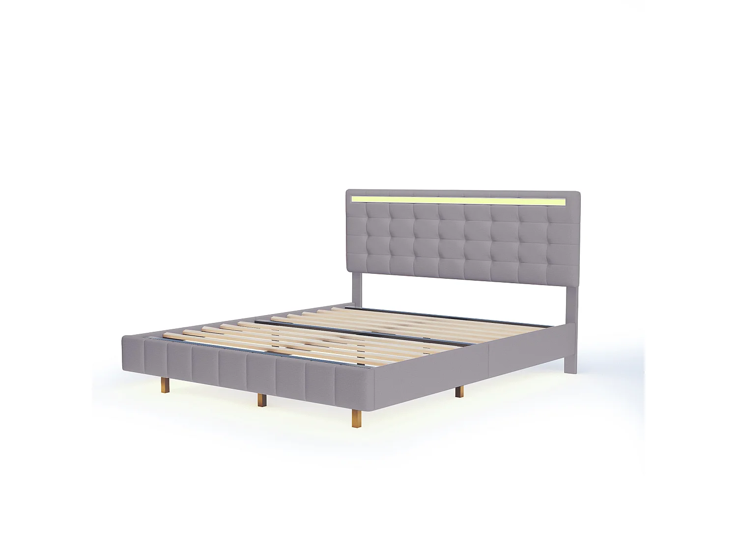 Lit double flottant avec LED et tête rembourrée, lin, gris (216x172x105cm)