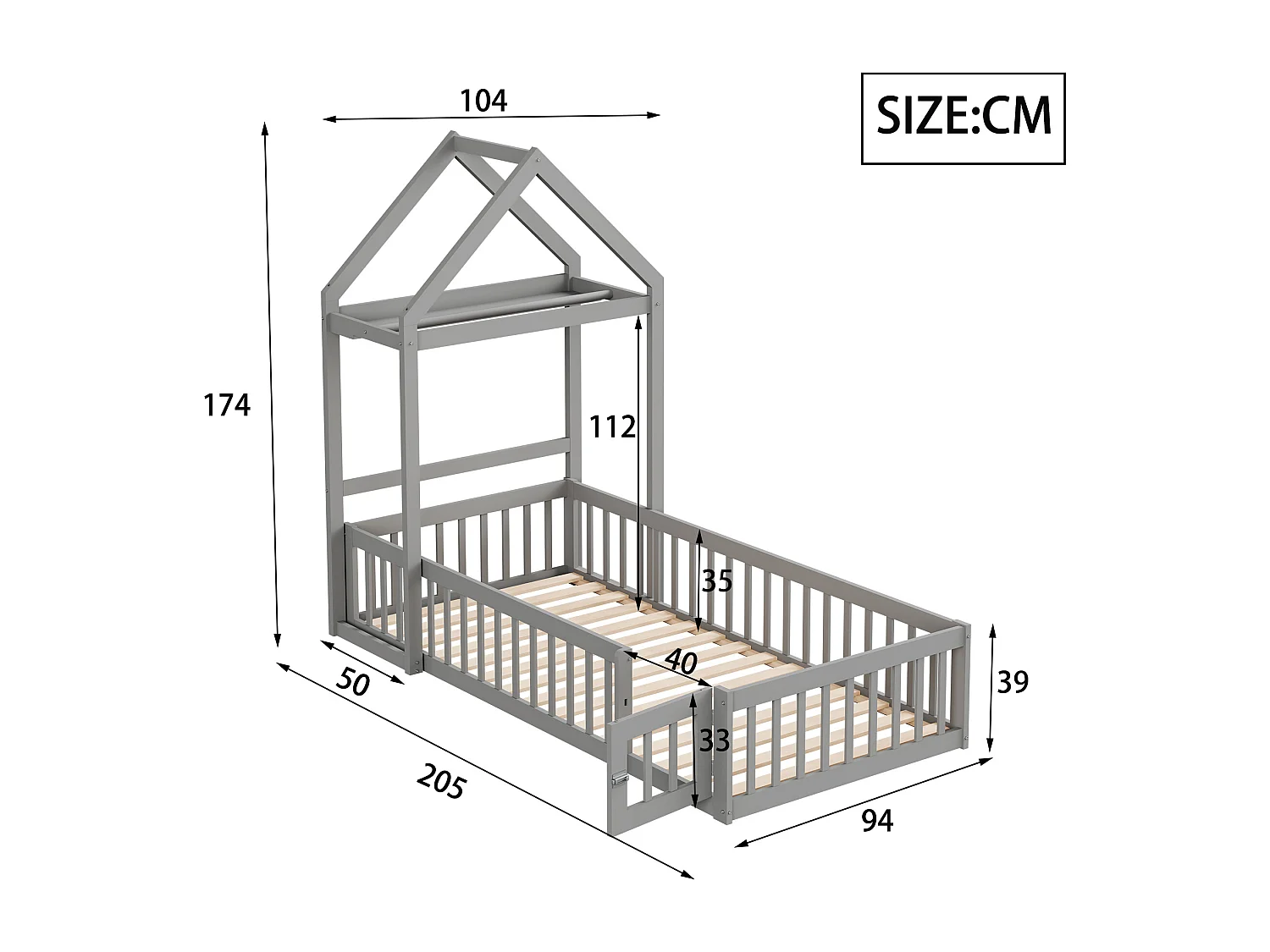 Lit enfant 90x200 cm en bois massif, avec rangement, protection complète, porte et sommier, gris (206.5x104x174 cm)