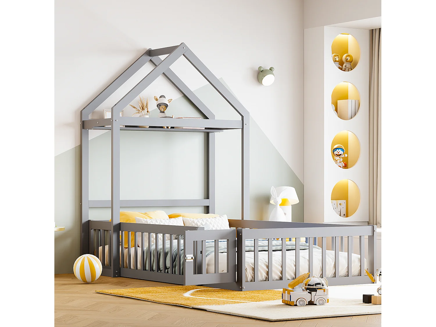 Lit enfant 90x200 cm en bois massif, avec rangement, protection complète, porte et sommier, gris (206.5x104x174 cm)