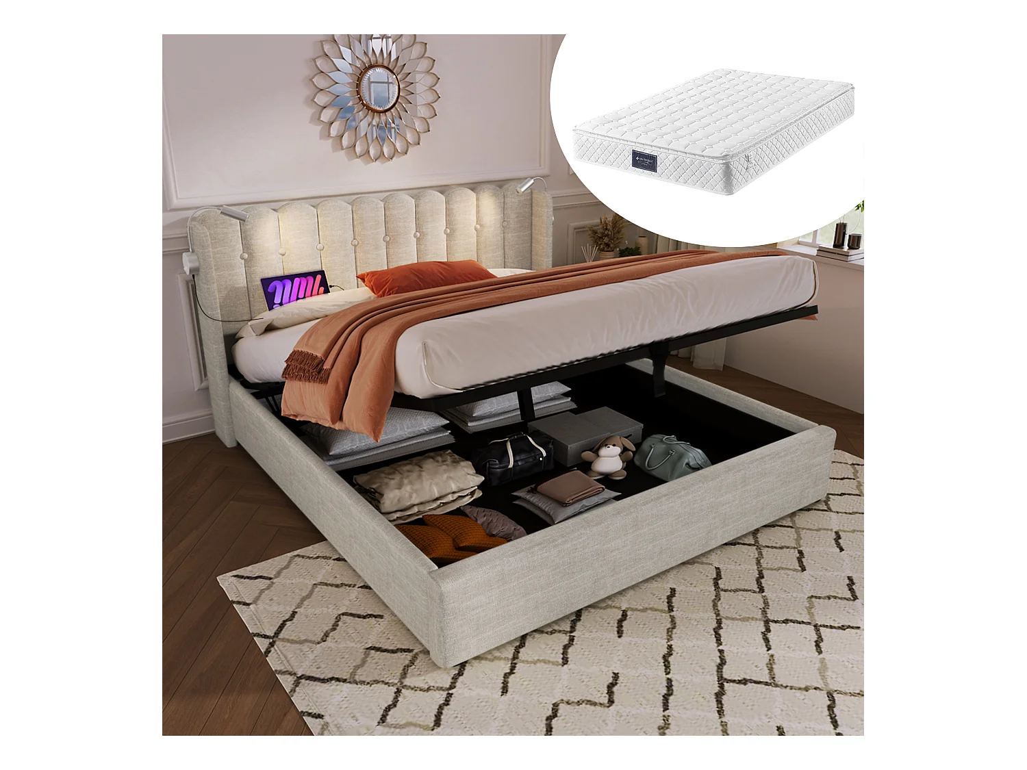 Lit double avec liseuse et fonction chargeur USB, tête de lit avec rangement, cadre en lin naturel (165x206x103cm)