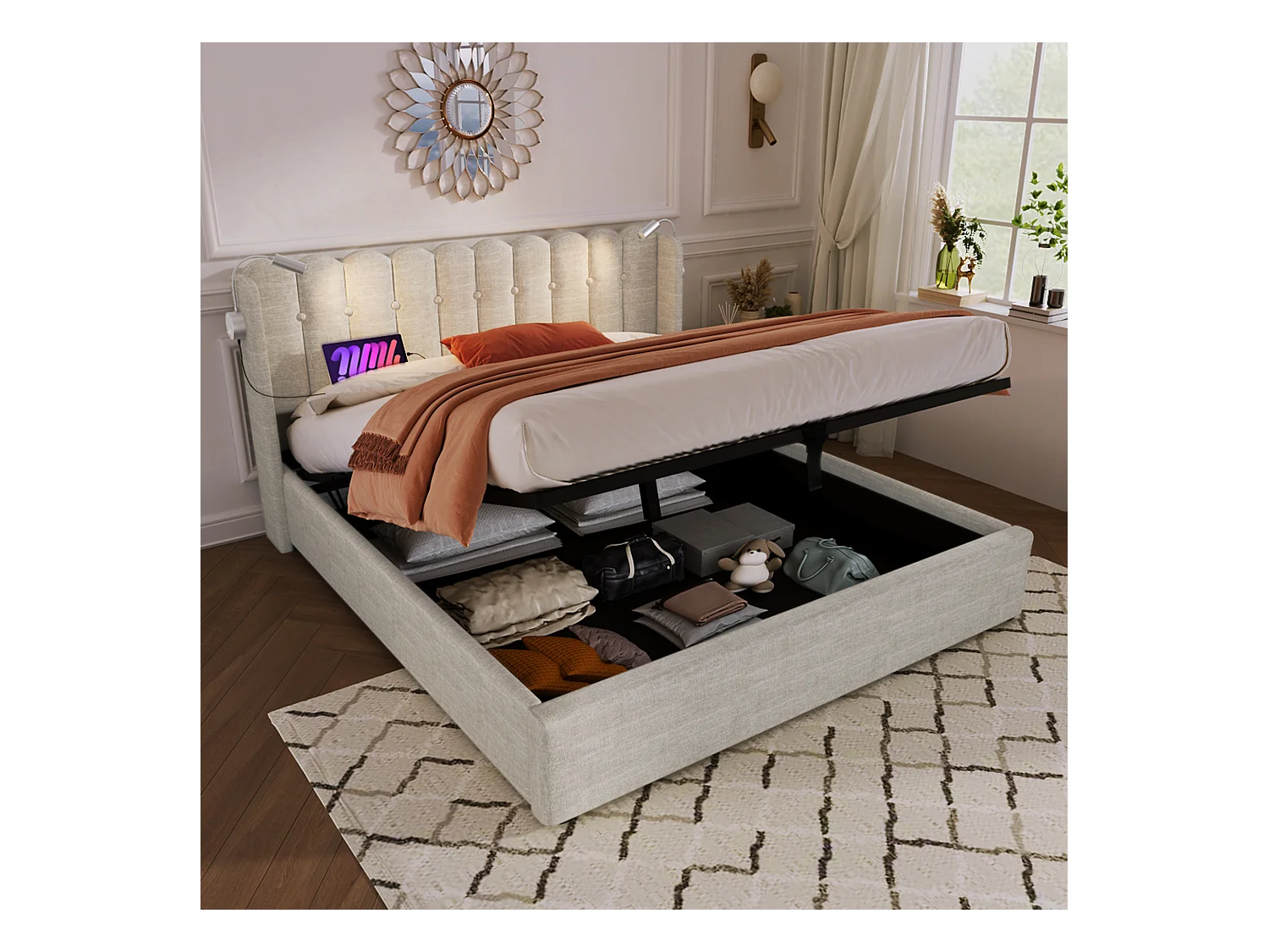 Lit double avec liseuse et fonction chargeur USB, tête de lit avec rangement, cadre en lin naturel (165x206x103cm)