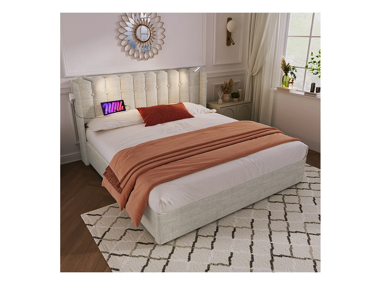 Lit double avec liseuse et fonction chargeur USB, tête de lit avec rangement, cadre en lin naturel (165x206x103cm)