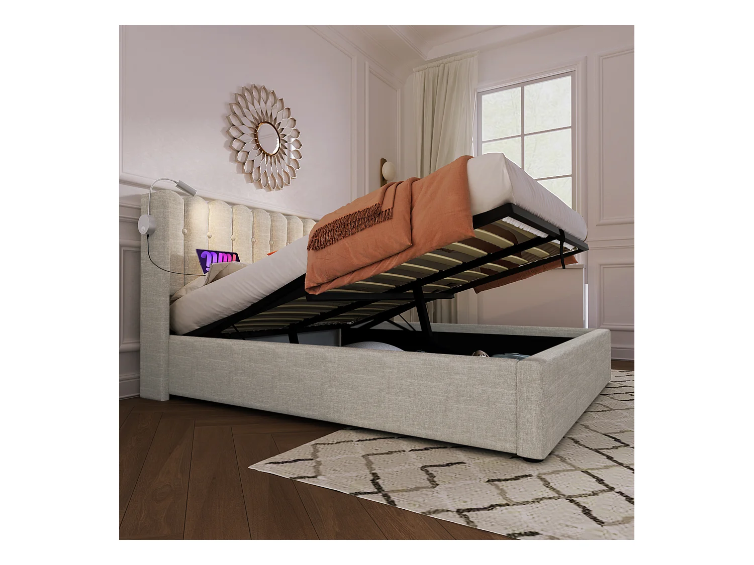 Lit double avec liseuse et fonction chargeur USB, tête de lit avec rangement, cadre en lin naturel (165x206x103cm)