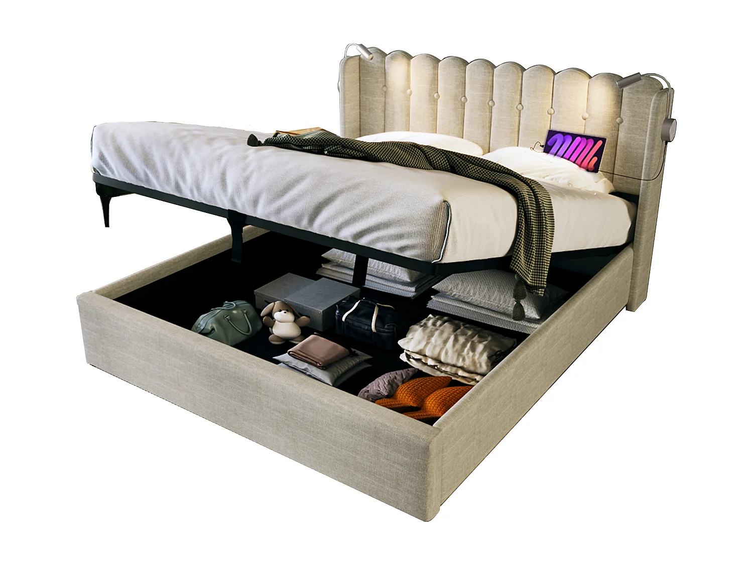 Lit double avec liseuse et fonction chargeur USB, tête de lit avec rangement, cadre en lin naturel (165x206x103cm)