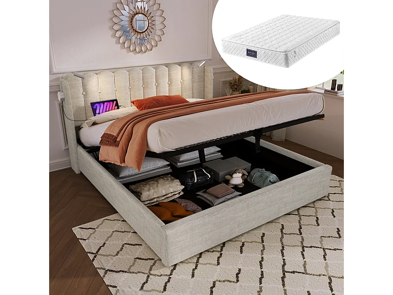 Letto matrimoniale con luce di lettura e funzione di ricarica USB, testiera con contenitore, struttura in lino naturale (165x206x103cm)