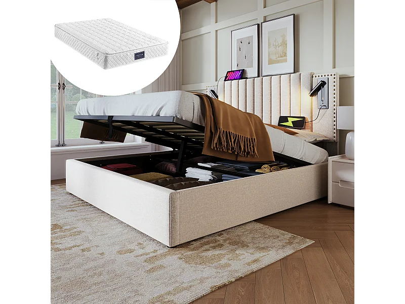 Lit double 160x200, avec éclairage LED 3 côtés, tête de lit avec USB-C, coton beige, avec rangement hydraulique (210x170x101 cm)