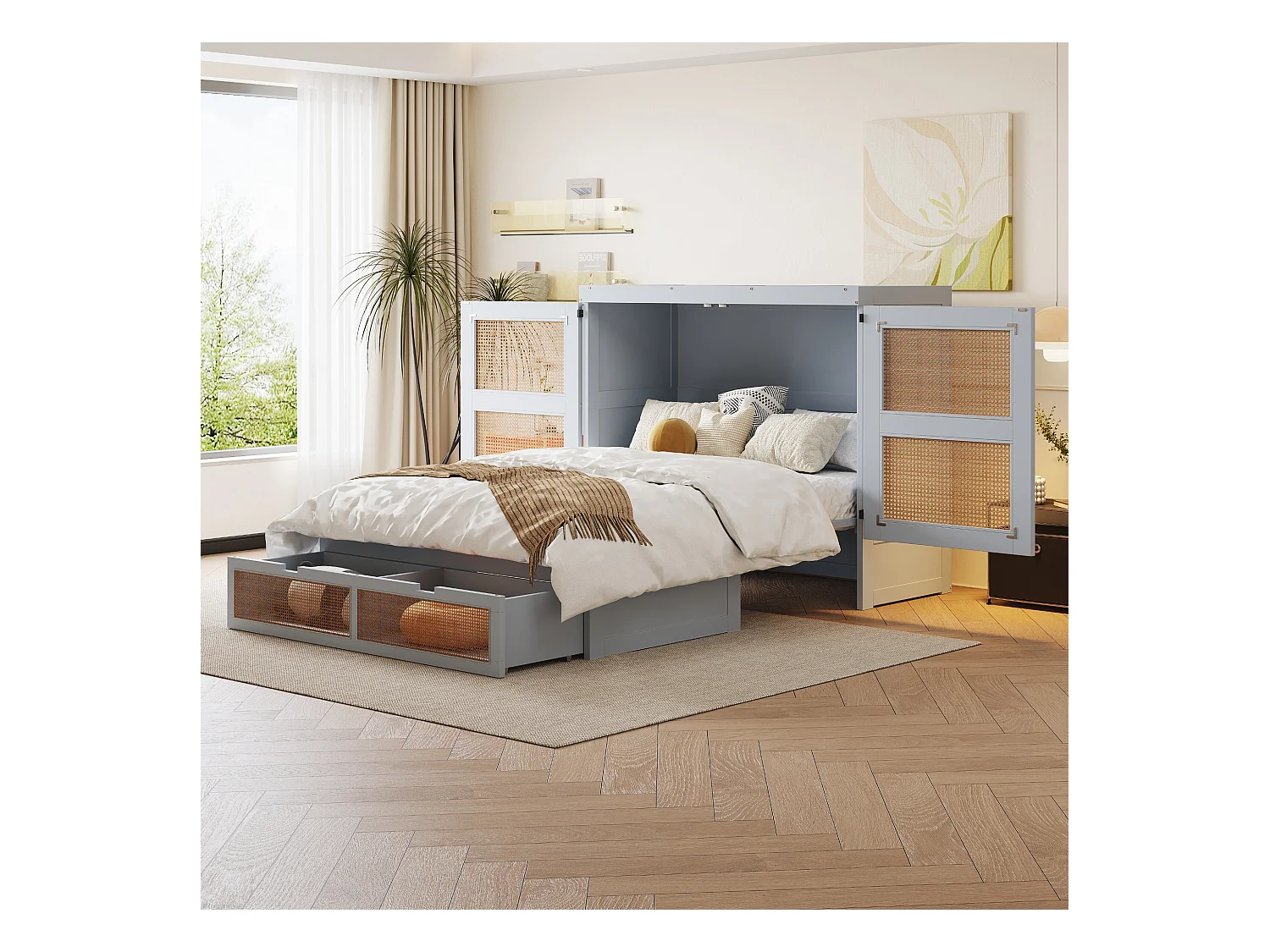 Lit escamotable 140x200 cm, avec sommier à lattes, design en rotin, avec tiroirs de rangement, bois et métal, gris (202x145.5x120 cm)