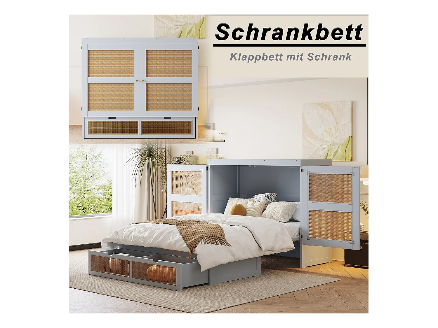 Lit escamotable 140x200 cm, avec sommier à lattes, design en rotin, avec tiroirs de rangement, bois et métal, gris (202x145.5x120 cm)