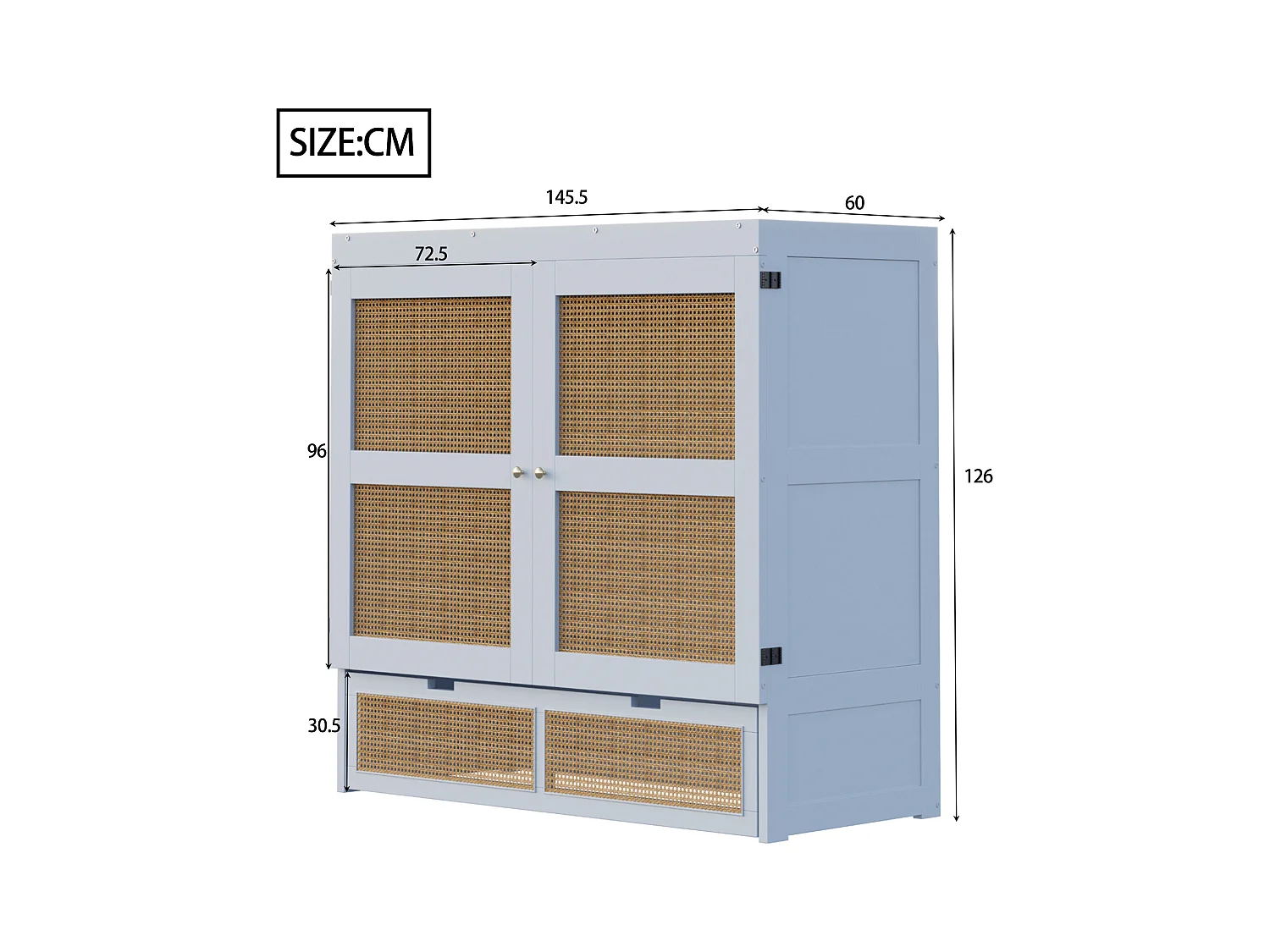 Lit escamotable 140x200 cm, avec sommier à lattes, design en rotin, avec tiroirs de rangement, bois et métal, gris (202x145.5x120 cm)
