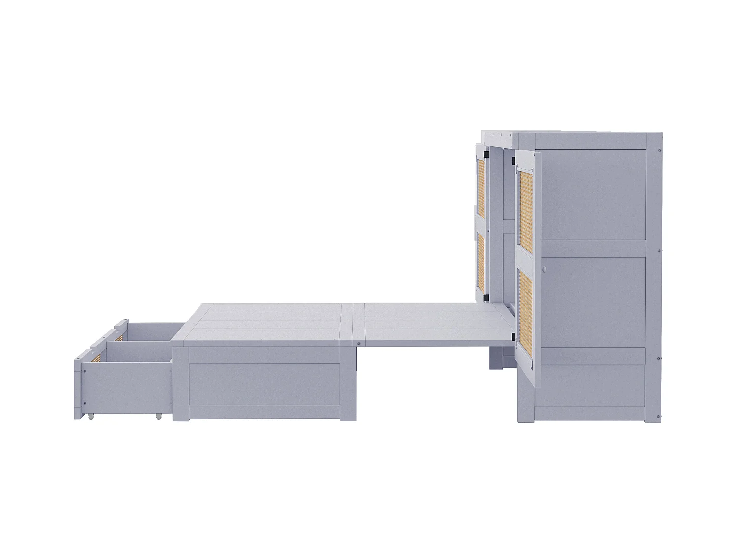 Lit escamotable 140x200 cm, avec sommier à lattes, design en rotin, avec tiroirs de rangement, bois et métal, gris (202x145.5x120 cm)