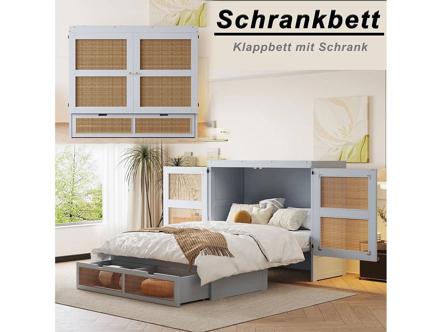 Lit escamotable 140x200 cm, avec sommier à lattes, design en rotin, avec tiroirs de rangement, bois et métal, gris (202x145.5x120 cm)