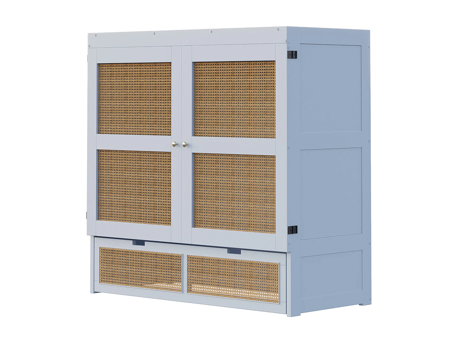 Lit escamotable 140x200 cm, avec sommier à lattes, design en rotin, avec tiroirs de rangement, bois et métal, gris (202x145.5x120 cm)