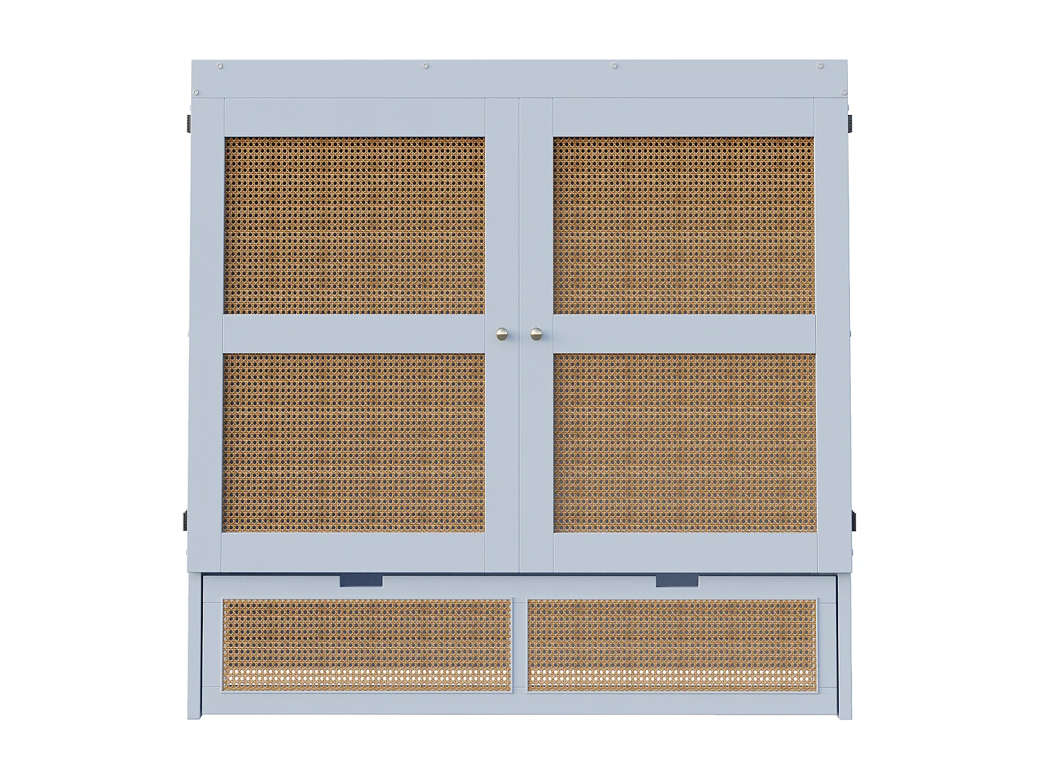 Lit escamotable 140x200 cm, avec sommier à lattes, design en rotin, avec tiroirs de rangement, bois et métal, gris (202x145.5x120 cm)