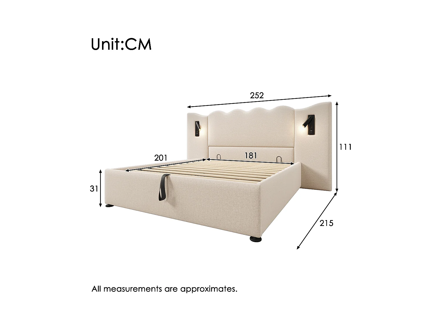 Lit double avec rangement, lampe tactile et ports USB Type-C, cadre en lin beige, bois massif et métal (252x215x111cm)